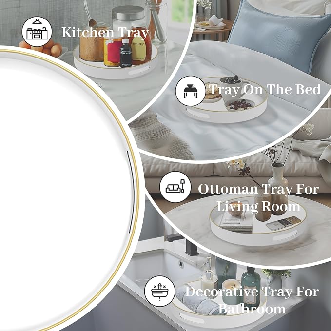 13" White Decorative Tray, Plastic Round Serving Tray - Image 7