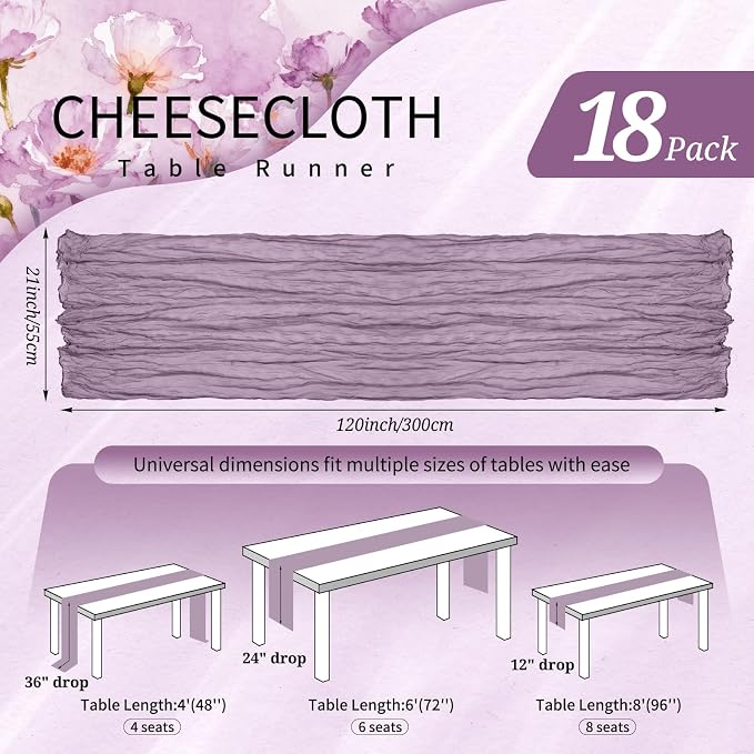 18 Pack Cheesecloth Table Runner 10FT Purple Table Runner Boho Gauze Cheese - Image 2