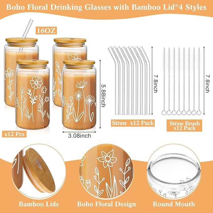 Mumufy 12 Pack Glass Cups Gift Aesthetic Cute Glass Cup Tumbler Flower Iced - Image 2