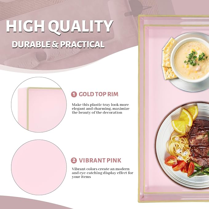 Pink Serving Tray with Handles, Plastic Decorative Tray Set of 2 | Pink - Image 3