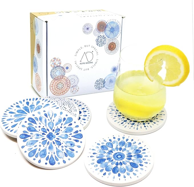AD Set of 6 Coasters for Drinks Absorbing Round Ceramic Stone Coaster - Image 7
