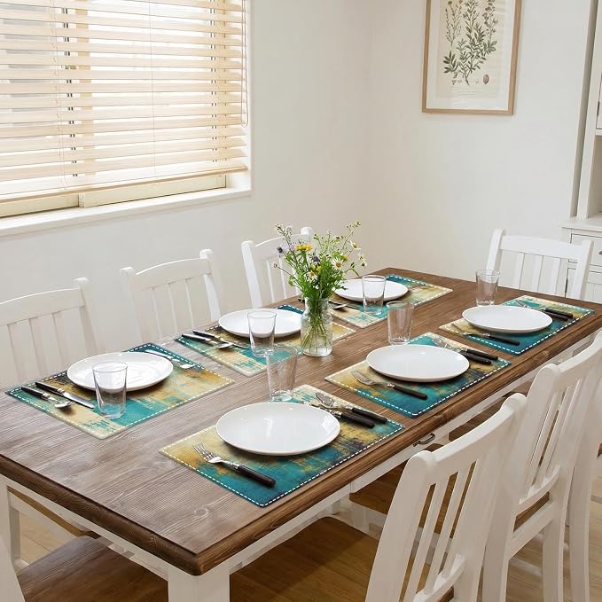 Emvency Farmhouse Placemats Set of 6, 12x18 Inch, Teal Modern Gold Blue | - Image 5
