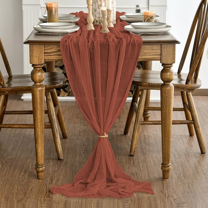Artoid Mode Boho Cheesecloth Gauze Terracotta Wedding Table Runner, 120 Inch - Image 4