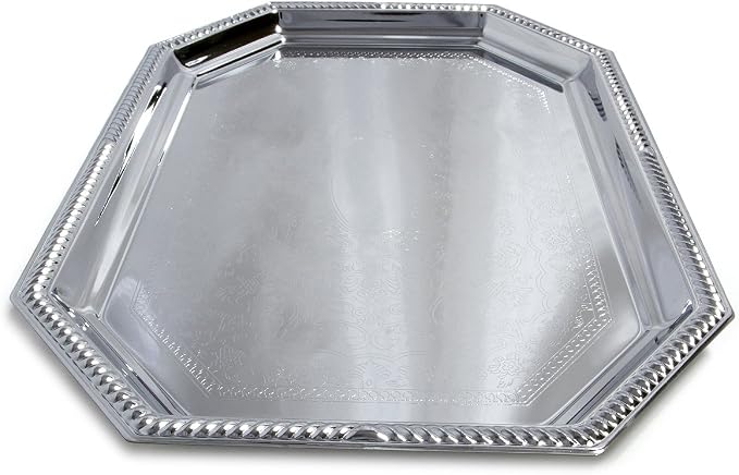 Elegant Floral Engraved Serving Tray Chrome Plated Steel Plate Platter - Image 4