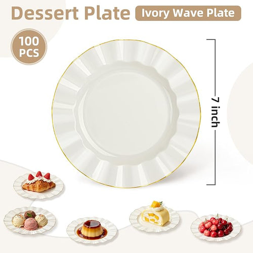 100PCS Ivory Plastic Plates 7 Inch, Wavy Plates - Image 2