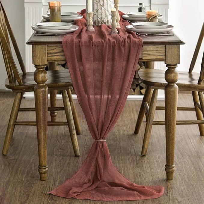 Artoid Mode Boho Cheesecloth Gauze Dusty Rose Wedding Table Runner, 160 Inch - Image 2
