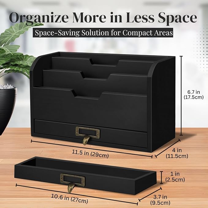 Flexzion Wood Desk Organizer, 3-Tier Mail Organizer w/Drawer, Light Brown | - Image 6