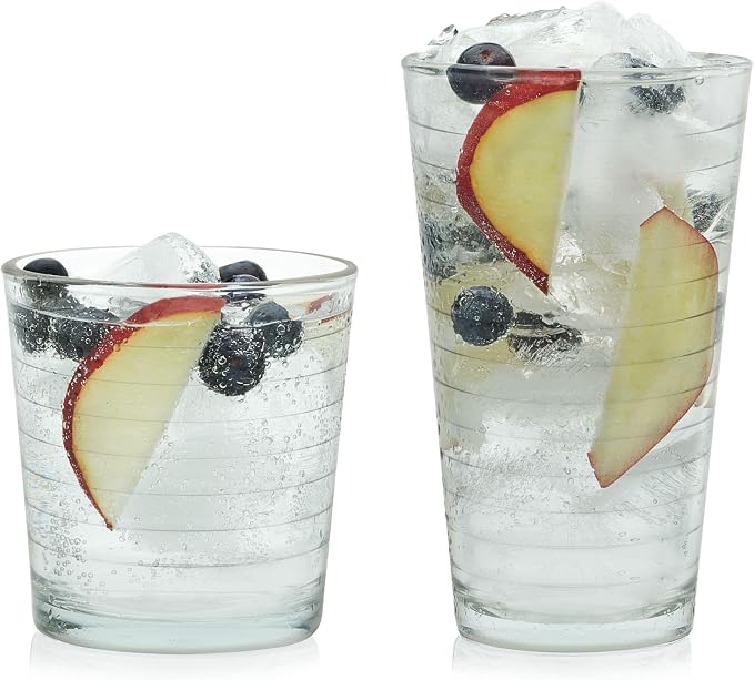 Libbey Hoops Tumbler and Rock Glass Set, Two Sized Nostalgic Retro Glass Cups by Libbey
