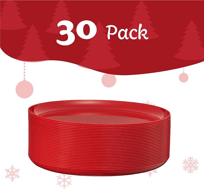 PLASTICPRO 30 Pack 8.6'' Christmass Red Plastic Party Plates Edge Collection - Image 6
