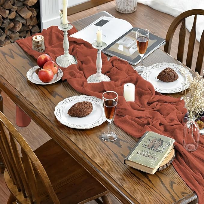Artoid Mode Boho Cheesecloth Gauze Terracotta Wedding Table Runner, 160 Inch - Image 2
