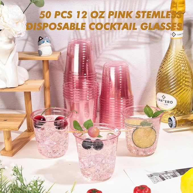 KesaPlan 50Pcs 12oz Pink Plastic Party Cups, Disposable Wine Cocktail Cups | - Image 3