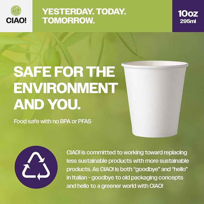 CIAO! 10oz White Paper Hot Cup, Disposable, 90mm Diameter 500 Count - Image 3