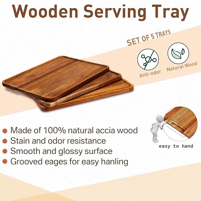 Roowest 5 Pack Solid Acacia Wood Serving Trays - Image 6