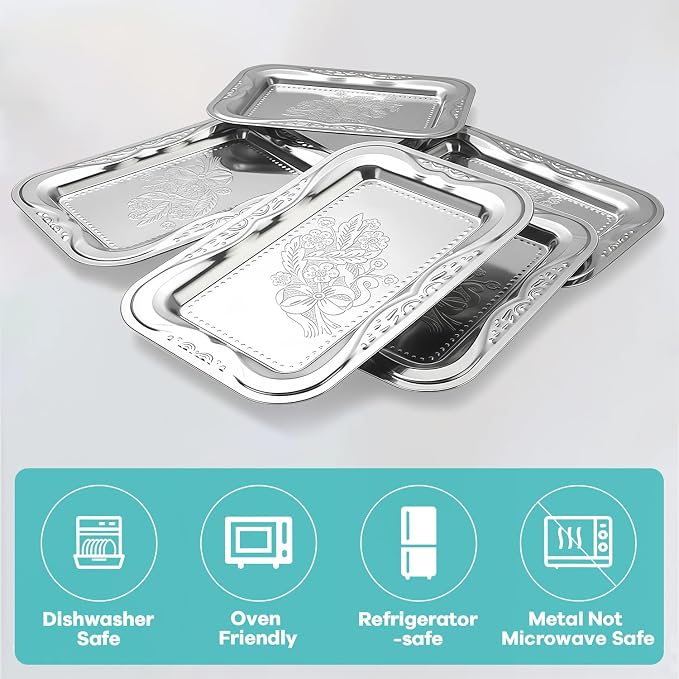 Silver Serving Tray Set of 6, 14 x 9 Inch Silver Platters - Image 8