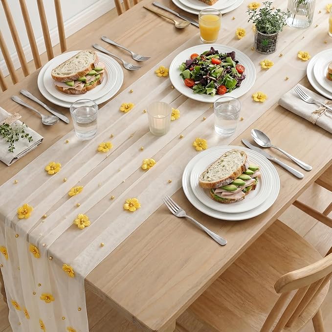 Artoid Mode Yellow Flower Pearl White Gauze Table Runner 10FT, Seasonal Sheer - Image 8