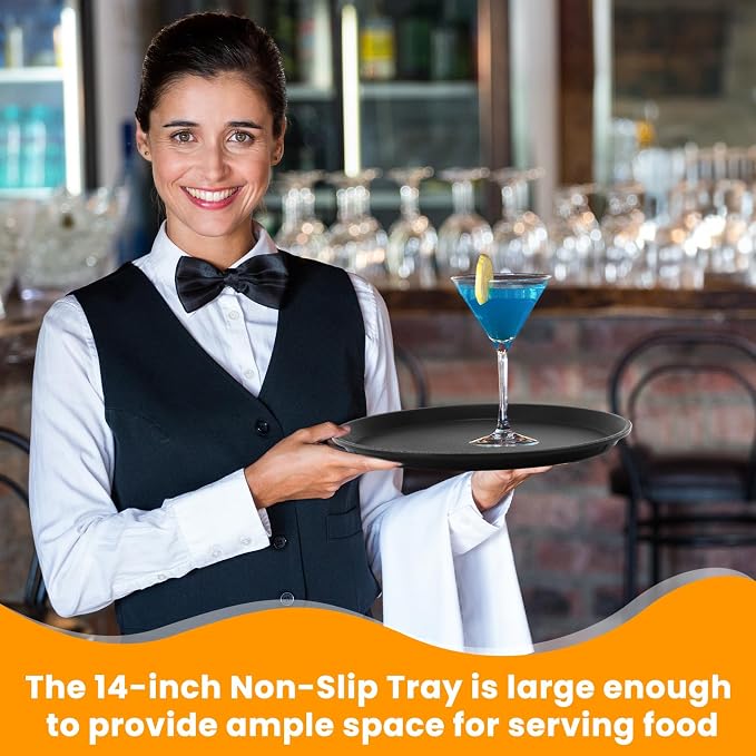 12 Pcs Black Restaurant Serving Trays Bulk Plastic Non Slip Surface Round Drink - Image 4