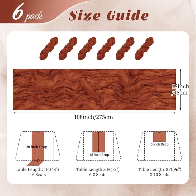 6 Pack Terracotta Cheesecloth Table Runner 17x108 Inch Semi Sheer Boho Gauze - Image 2