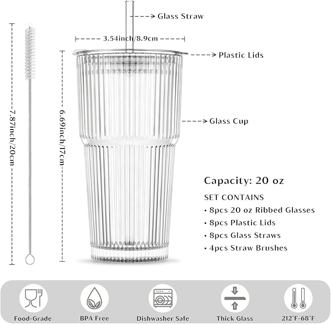 INSETLAN 8-Piece Glassware Set – 20 oz Ribbed Glass Tumblers - Image 3
