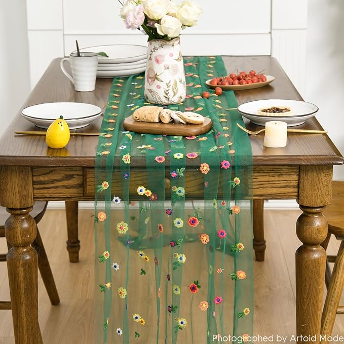 Artoid Mode 3PCS Dark Green Embroidery Daisy Gauze Table Runner 120 Inch | - Image 2