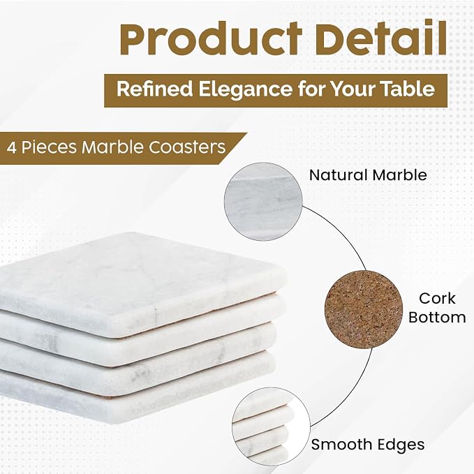 Craftsman Stoneworks White Marble Coasters – Square 4x4, 4 x 4 inches, - Image 4