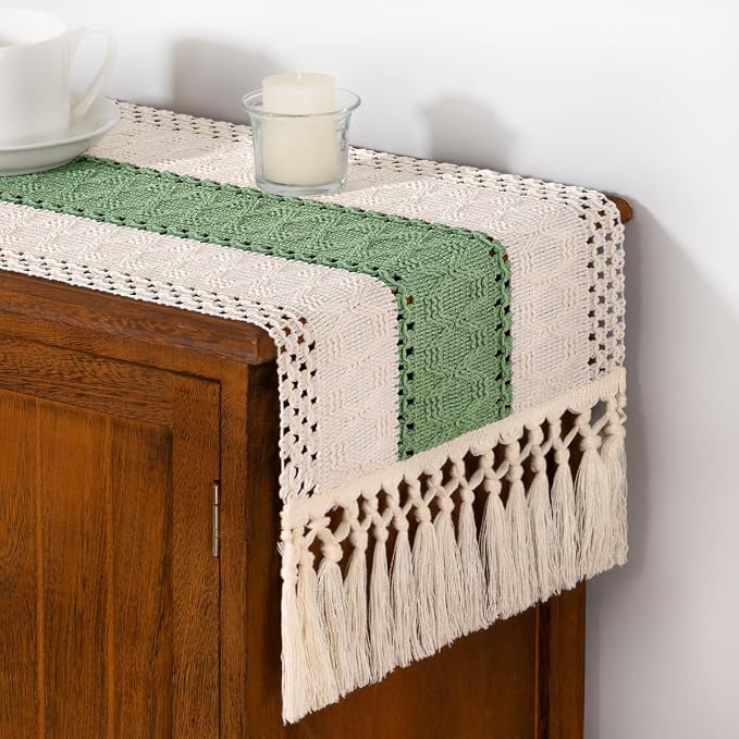 DeZerlor Ivory&Sage Green Boho Macrame Farmhouse Woven Table Runner 108In | - Image 4