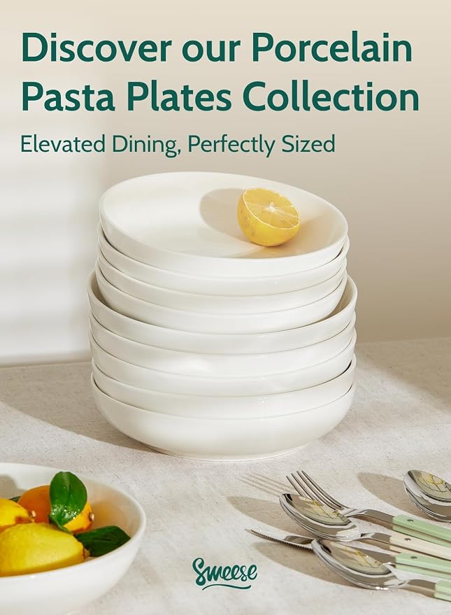 Sweese 22oz Porcelain Pasta Bowls Set of 6-7.6 Inch White Salad Serving Plates - Image 8