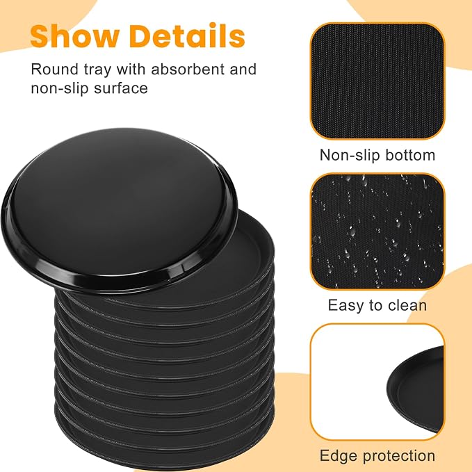 20 Pcs Black Restaurant Serving Trays Bulk Plastic Non Slip Surface Round Drink - Image 4