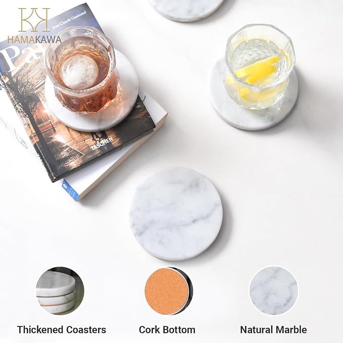 Real Natural Marble Coasters Set of 4, Carrara White Coaster 4 inch, Modern - Image 4