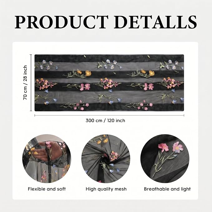 Artoid Mode Wildflower Floral Black Gauze Embroidery Table Runner 120 Inch 10FT - Image 6