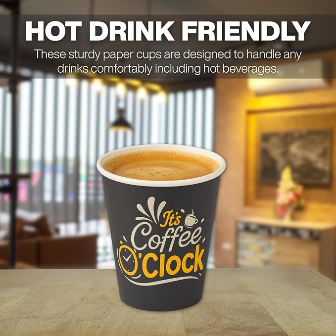 Disposable Coffee Cups with Lids, To Go Paper Hot Cups, Coffee O'Clock Design - Image 3