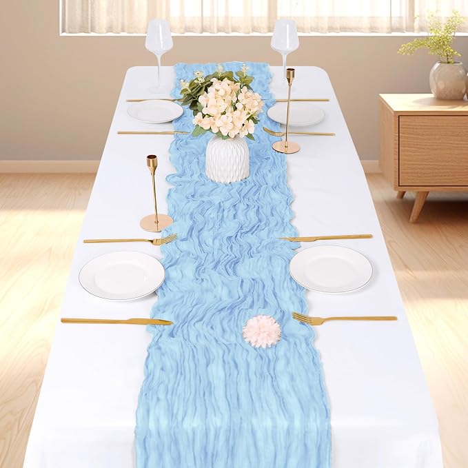 3 Pack Baby Blue Cheesecloth Table Runner, 17 x 108 inch, Semi Sheer Boho - Image 2