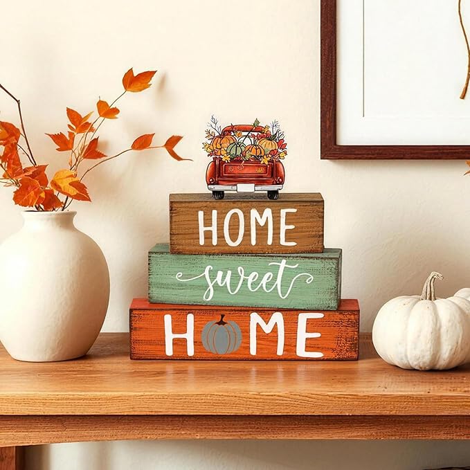 Cinnvoice 4 Pcs Fall Truck Pumpkin Wooden Block Decor Farmhouse Tiered Tray - Image 5