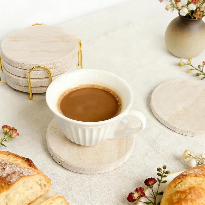 Natural Travertine Marble Coasters Set of 6-4" Round | Stone Drink Coasters - Image 2