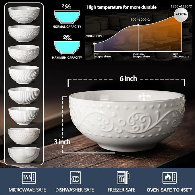 Ceramic Cereal Bowls 26 oz, Embossment Soup Bowls Set of 4, Dishwasher - Image 3