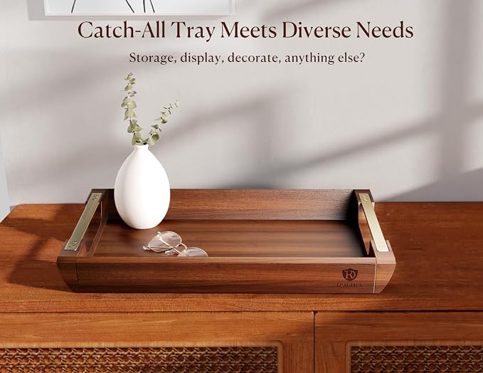 Acacia Wood Serving Tray with Metal Handles, 17x13in Large Ottoman Tray - Image 5