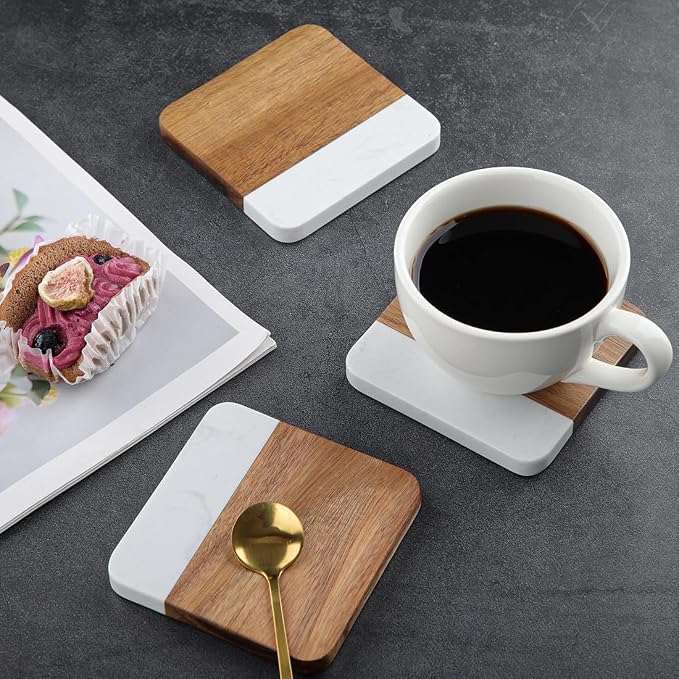 Acacia Wood Marble Coasters for Drinks Set of 4, Square Non-Slip Wooden Stone - Image 7