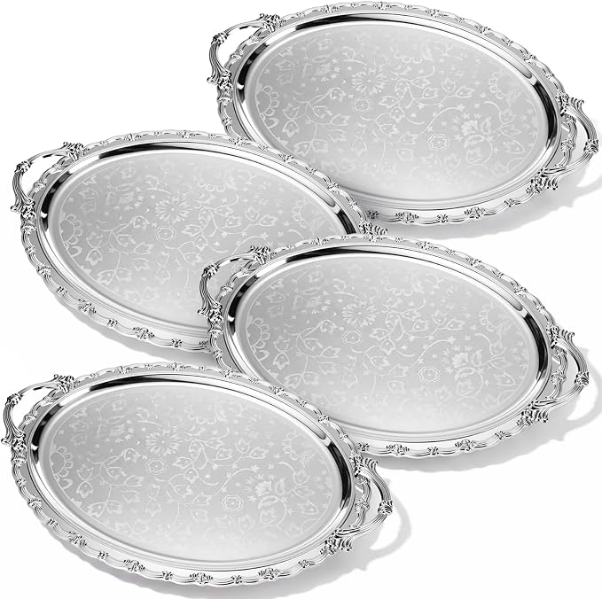 4 Pack Serving Tray with Handles 16.1 x 12.4 Inch Large Metal Plate Floral by Unknown