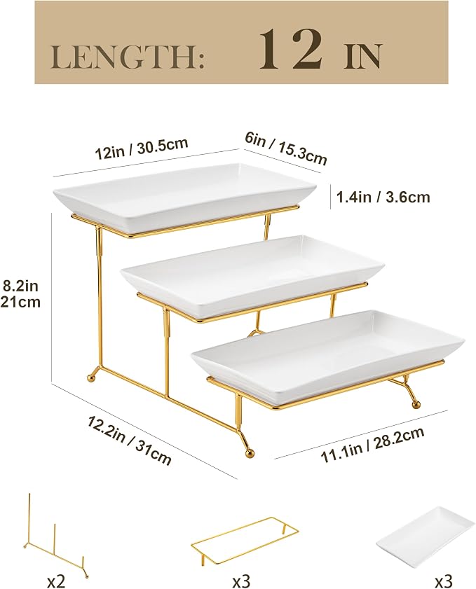 MALACASA 3 Tier Serving Trays for Party, 12 Inch Porcelain White Trays for - Image 2