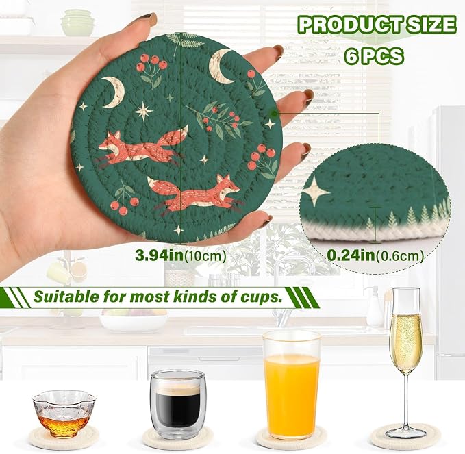 Winter Fox Berries Green Print Coasters - Image 3