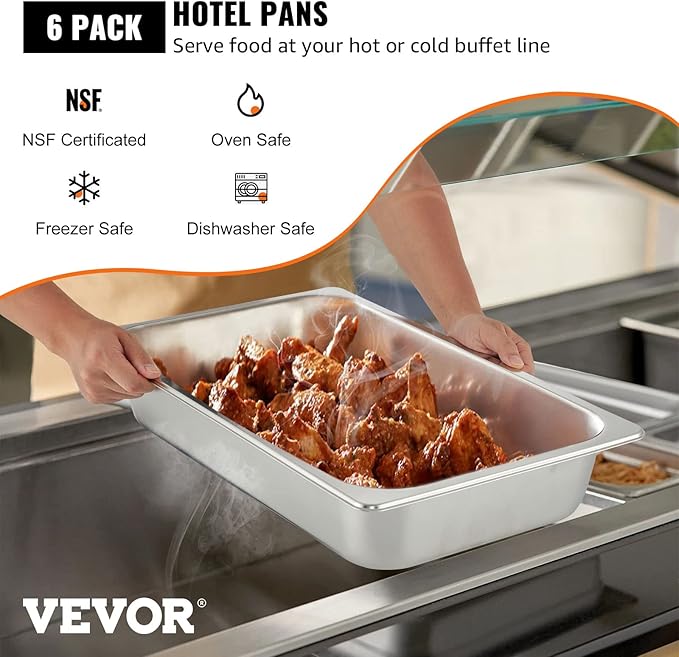 VEVOR 6 Pack Stainless Steel Hotel Pans, Full Size 4Inch Deep 22 Gauge/ 0.8mm - Image 2