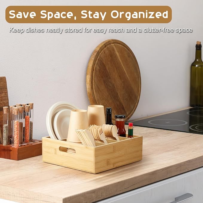 ALELION Bamboo Utensil Holder for Party, Paper Plate Organizer for Countertop - Image 6