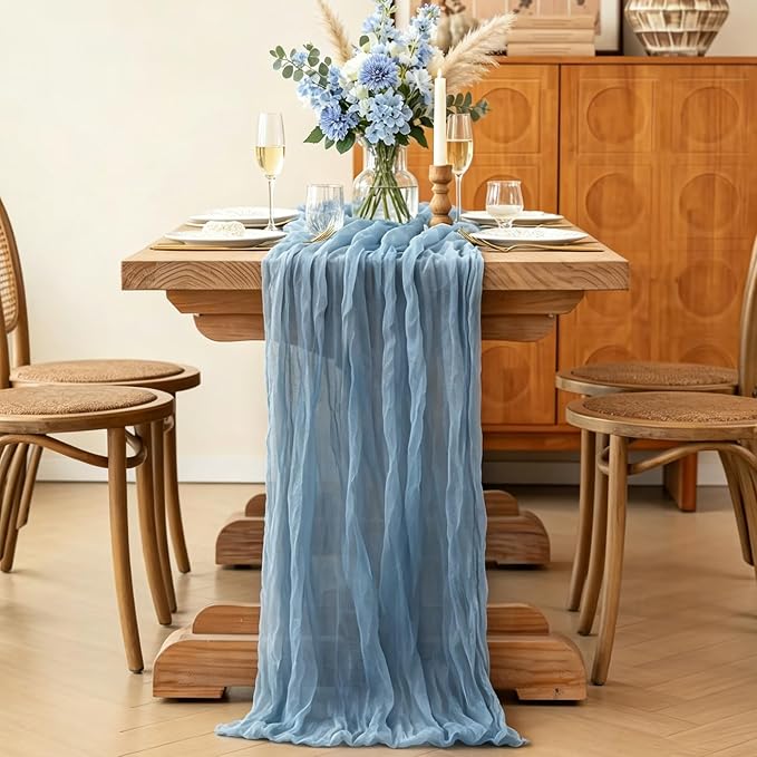 3Pcs Blue Table Runner, 10FT Boho Dust Blue Cheesecloth Table Runners 35*120inch - Image 5