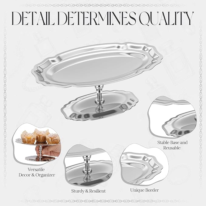 2 Pcs Stainless Steel Footed Serving Tray Oval Elevated Serving Platter Dessert - Image 4