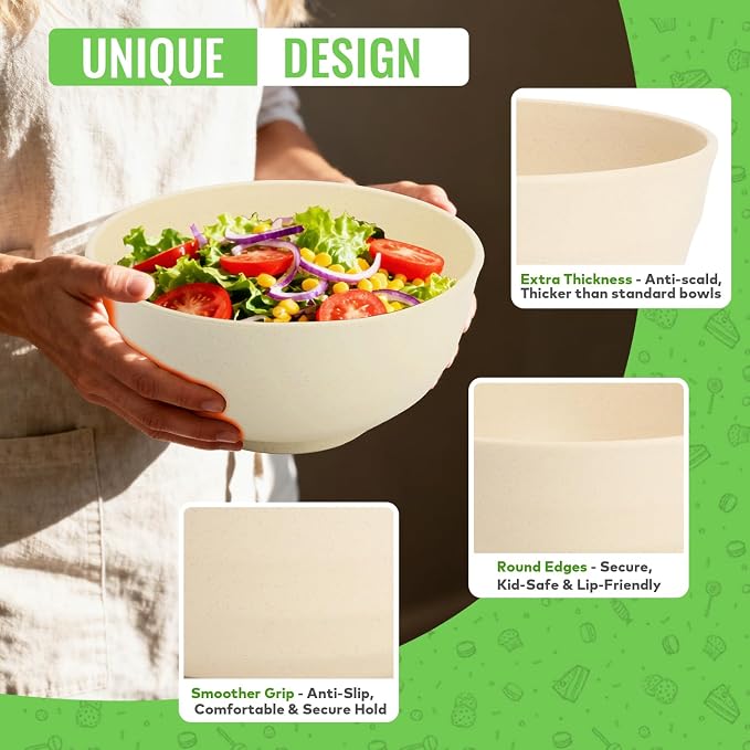 Large Wheat Straw Bowls Set of 6, 60 OZ Unbreakable Serving Bowls, Microwave - Image 3