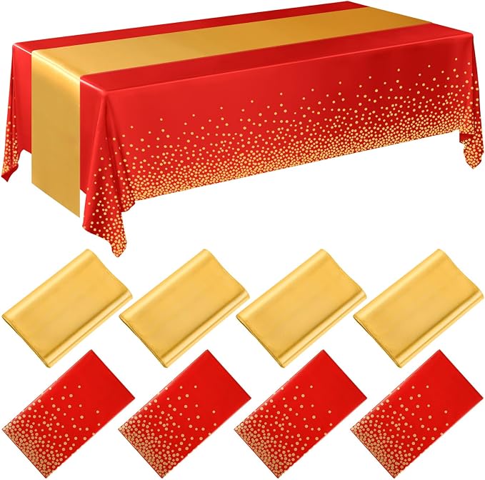 8 Pack Red and Gold Disposable Plastic Tablecloths and Satin Table Runner Set by Breling