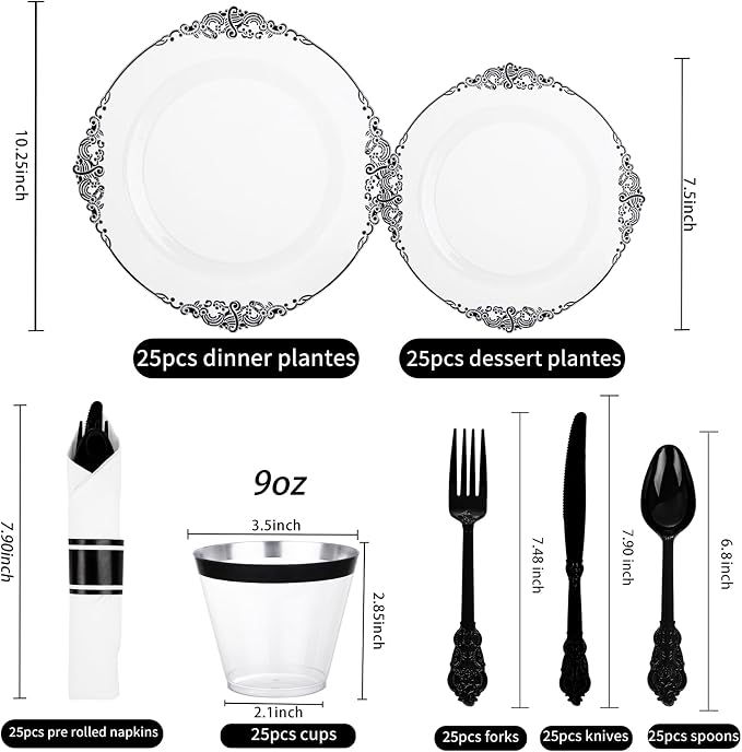 175 Pcs Clear Black Plates for Party | Black Party Plates Set for 25 Guests - Image 2