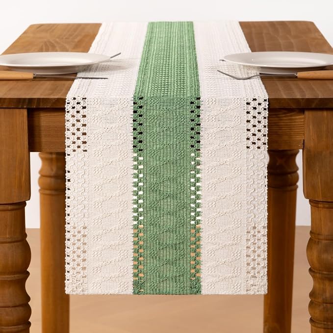 Ivory & Sage Boho Table Runner Macrame Woven Table Runner 12x48 Inch | Small - Image 3