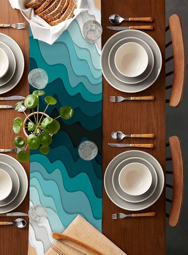 Turquoise Geometric Beach Short Table Runners 48 Inches, Cotton Linen Fabric - Image 5