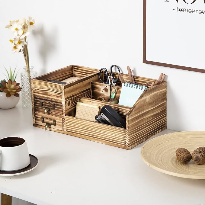 Distressed Rustic Wooden Office Desktop Drawers Organizer Wood Shelf Tabletop - Image 4