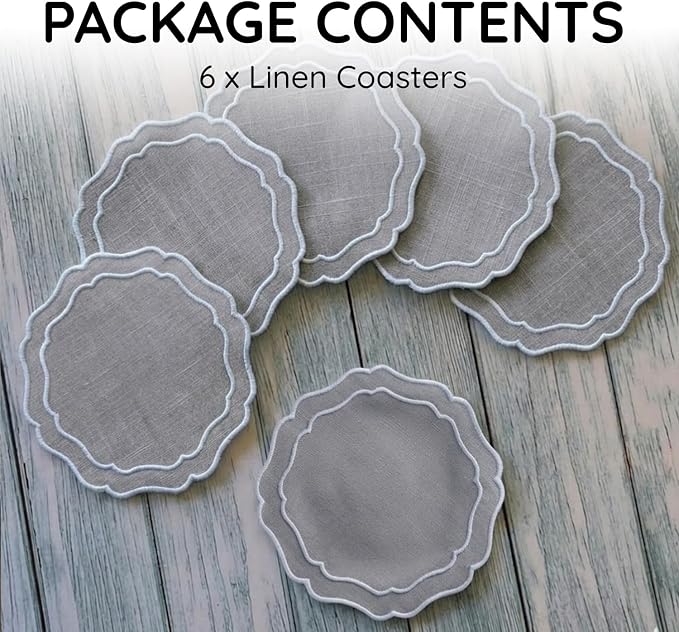 Linen Coasters for Drinks, 4.5 inch, Scalloped Edge, Reusable Handmade Coffee - Image 2
